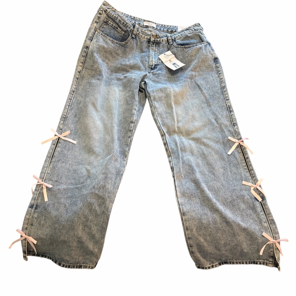 Rise Supply Wide Leg Jeans Juniors 17 Gray Pink Bow Detail Y2K‎